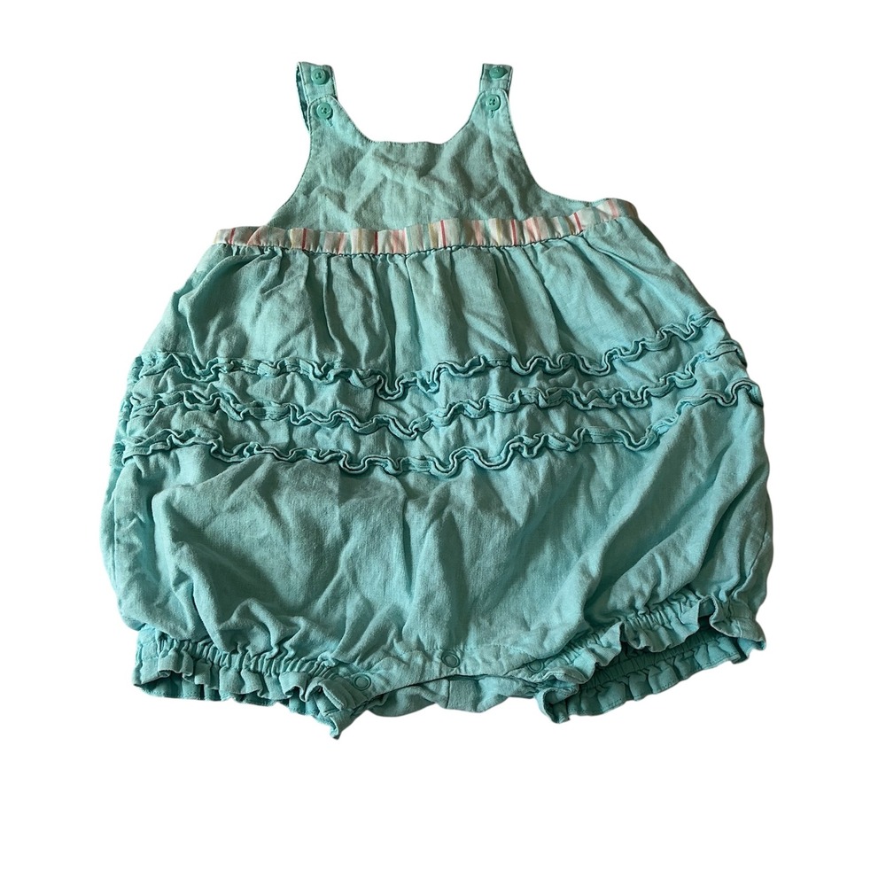 Janie And Jack 12 - 18 Month Ruffled Turquoise Blue Linen Cotton Romper